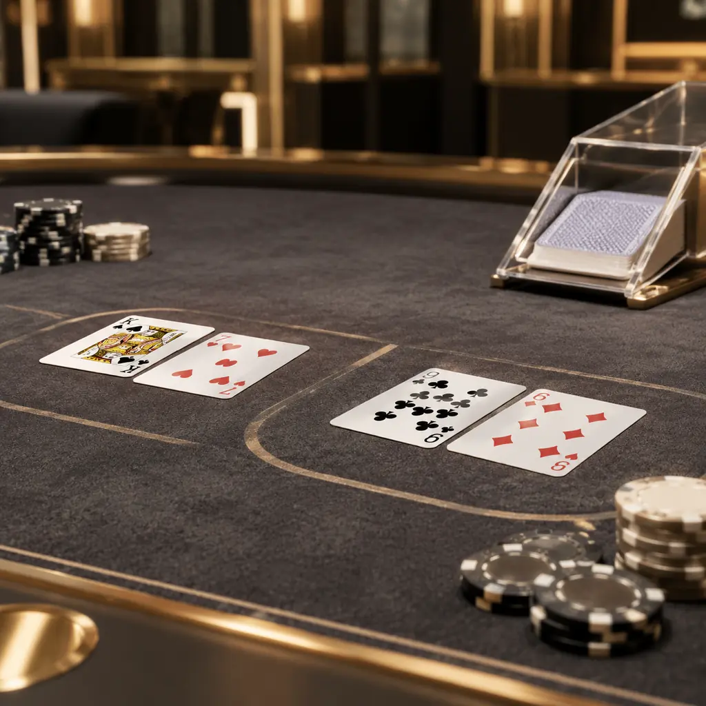 Kartu dan chip di meja baccarat