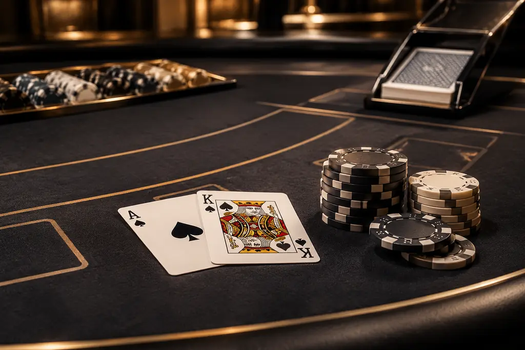 Meja blackjack dengan kartu dan chip