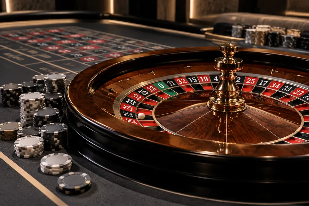 Roda roulette dan chip di meja kasino